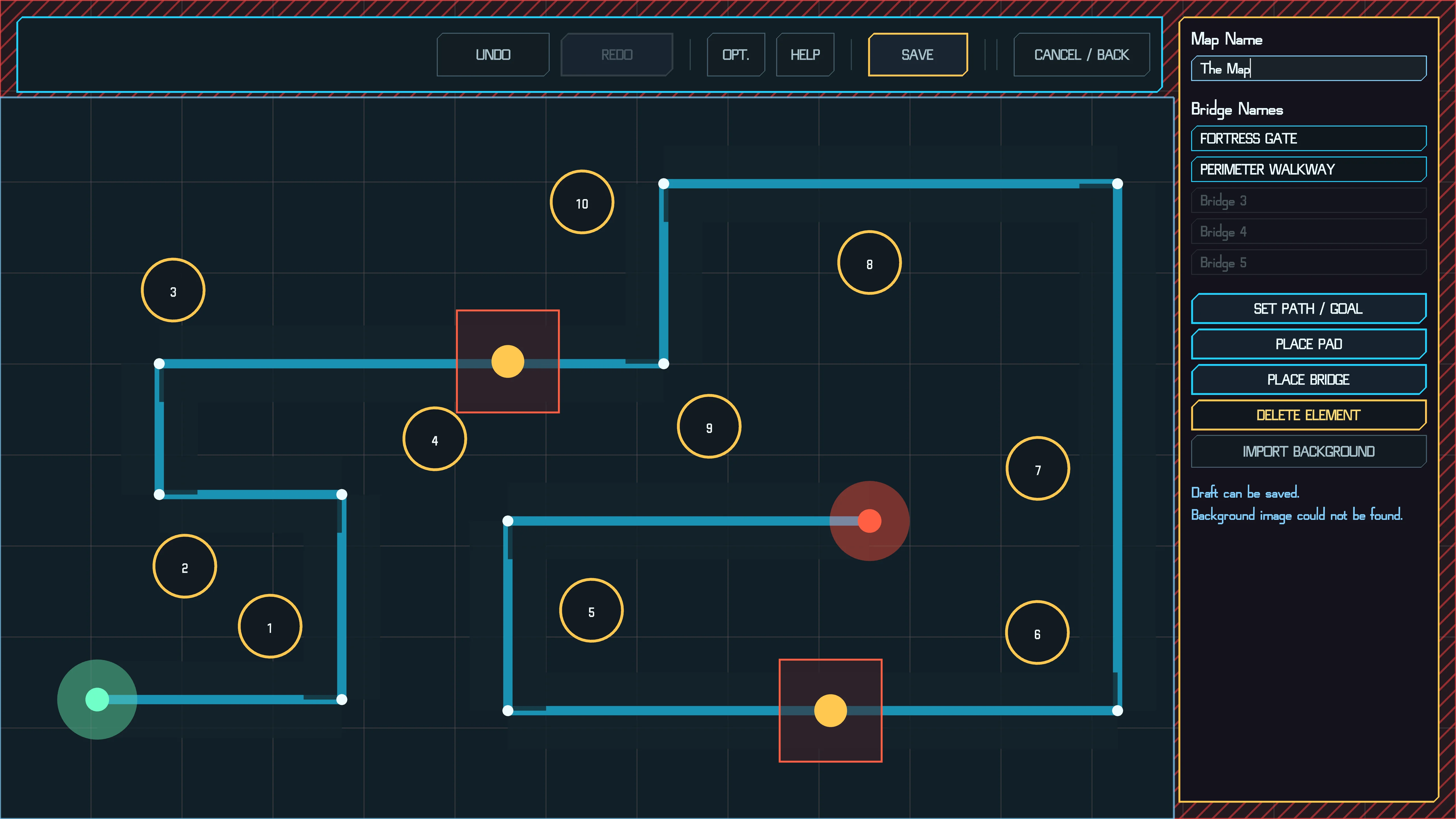 The map editor with tower pads and enemy routes.